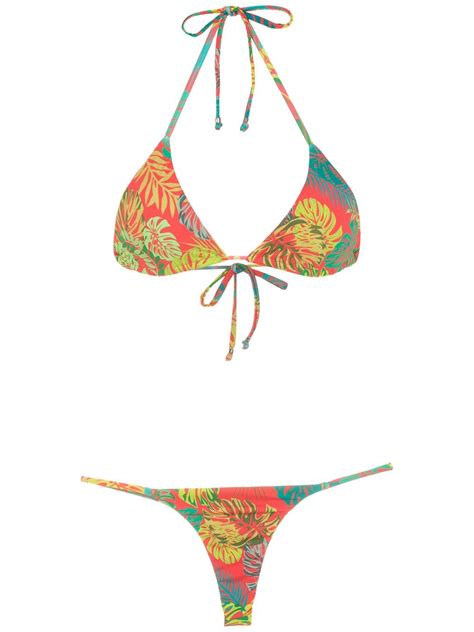 Amir Slama Palm Leaf Print Bikini Red Farfetch