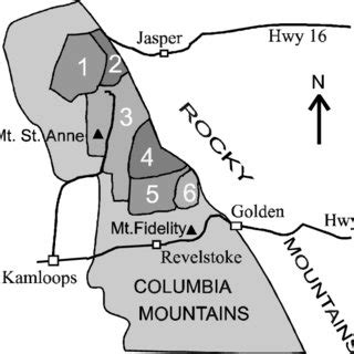 Map of Columbia Mountains including six forecast areas as well as ...