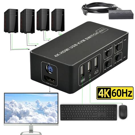 Kvm Switch Hdmi 4k 60hz 4x1 Usb Kvm Switcher 4 Port In 1 Out Dual Port