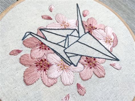 Embroidery PDF Pattern Paper Crane Embroidery Cherry Etsy Embroidery