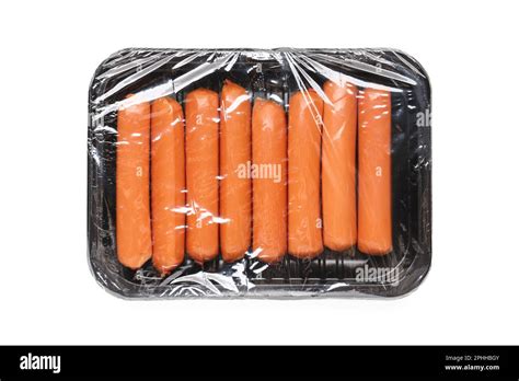 Packing box with tasty sausages on white background Stock Photo - Alamy
