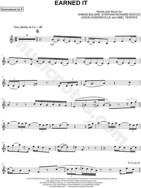 The Weeknd Earned It Fifty Shades Of Grey F Instrument Sheet