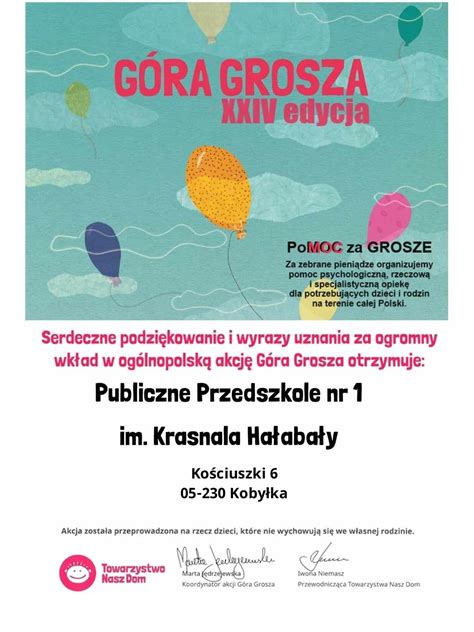 Podziękowanie za udział w akcji Góra Grosza Przedszkole Hałabały