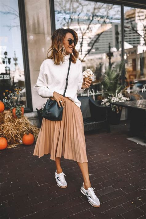 Karina Style Diaries Wearing Pleated Blush Midi Skirt Tretorn Sneakers