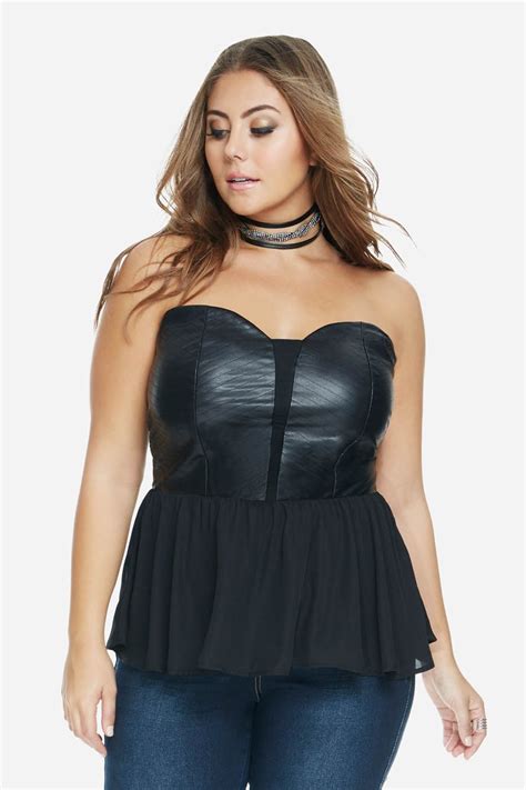 Plus Size Ioanna Strapless Faux Leather Peplum Top Leather Peplum Tops Plus Size Tops Tops