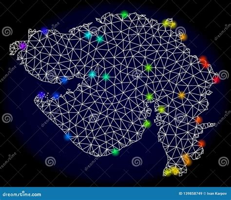 Red Poligonal Mesh Map Del Estado De Gujarat Con Los Puntos De Luz