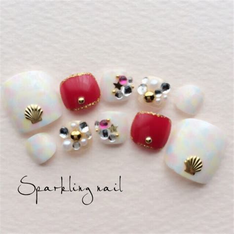 フットネイル＊レッドシェルビジュー ネイルチップ（つけ爪） Sparklingnail 通販｜creemaクリーマ