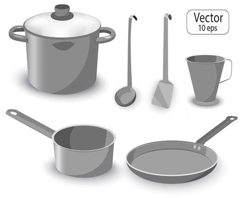 Set Küchenutensilien zum Kochen Pfanne Topf Pfanne Premium Vektor