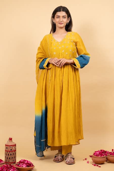 Buy Yellow Anarkali Pure Handwoven Silk Hand Embroidered Floral V Set