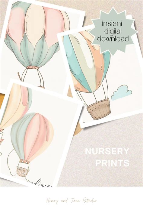 Three Pictures Of Hot Air Balloons With The Words Nursery Prints On Them And Below It