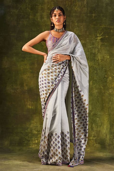 Buy Punit Balana Grey Organza Silk Printed Cutwork Saree With Strappy