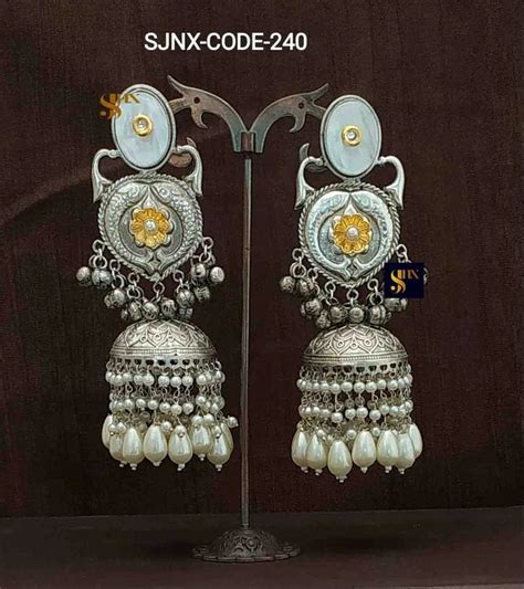 Mix Color Party Wear Oxidised Silver Jhumka Earrings Shape Round At