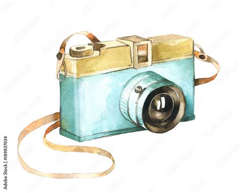 Watercolor Vintage Photo Camera On White Background Retro Film Camera