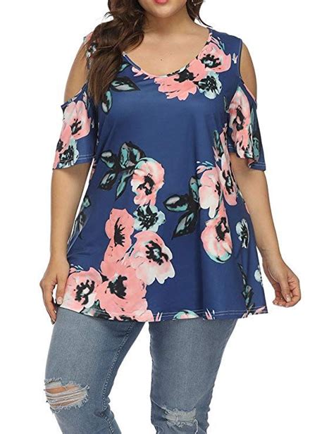 Allegrace Women S Plus Size Floral Printing Cold Shoulder Tunic Top