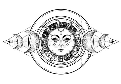 Sun And Triple Moon Pagan Wicca Moon Goddess Symbol Three Faced