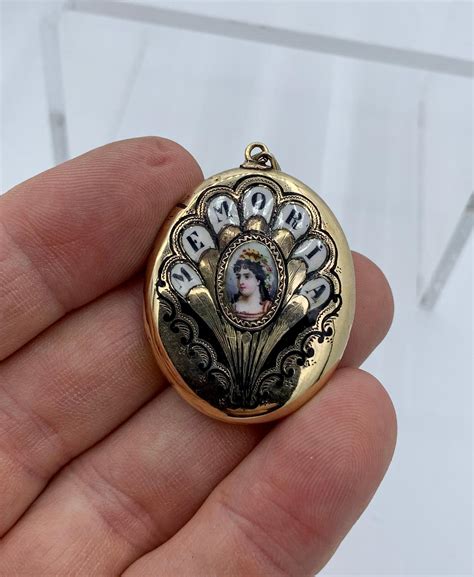 Antique Rose Cut Diamond Enamel Portrait Locket Necklace Karat Gold