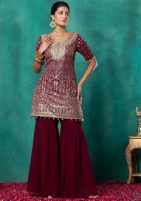 Buy Women Purple Sharara Set With Sequin Thread Chevron Embroidered