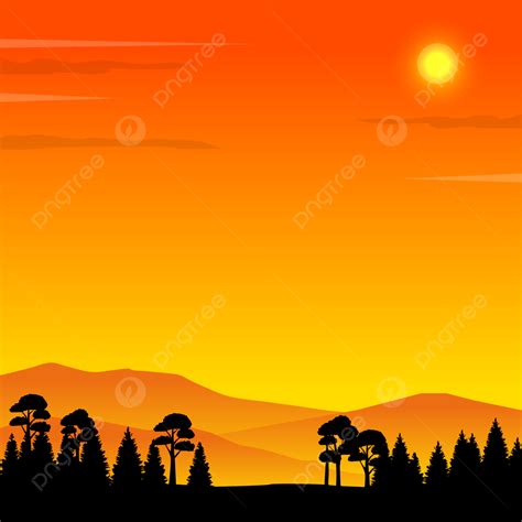 Trees Silhouette On Orange Sky Background Vector Illustration Sunset In