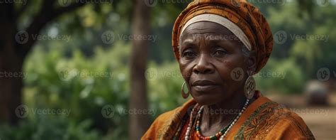 African senior woman with traditional clothes, green nature background ...