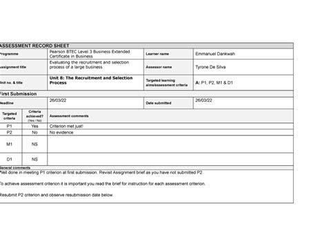 P1 P2 Assig 1 Emmanuel Dankwah Assessment Record Sheet Programme Pearson Btec Level 3 Business