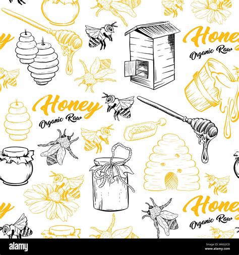 Honey Bee Honeycomb And Jar Image Seamless Pattern Design In Sketch Honey Comb Pot Bee Hive