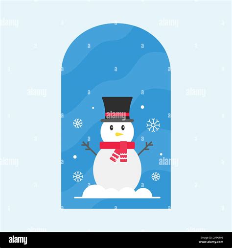 Isolated Cute Snowman Wearing Top Hat With Scarf At Window And Snowfall