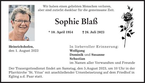 Traueranzeigen Von Sophie Bla Augsburger Allgemeine Zeitung