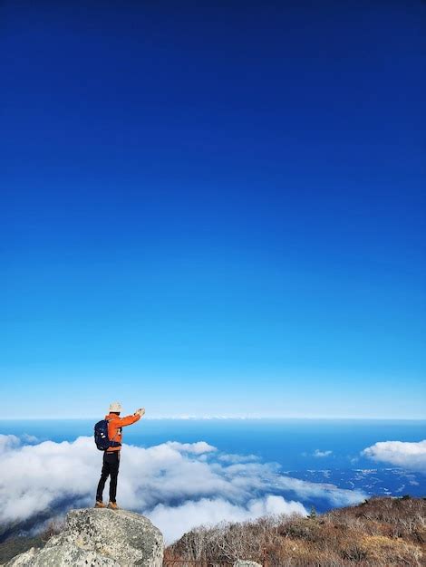 Premium Photo Rear View Of Man Standing On Mountain Against Clear