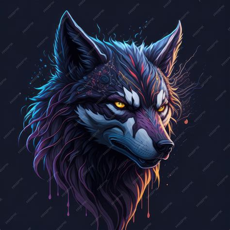 Premium AI Image | A colorful wolf with yellow eyes and a black background.