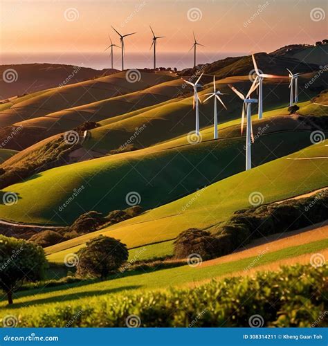 Wind Turbines On Green Hills Scenery Renewable Eco Friendly Wind