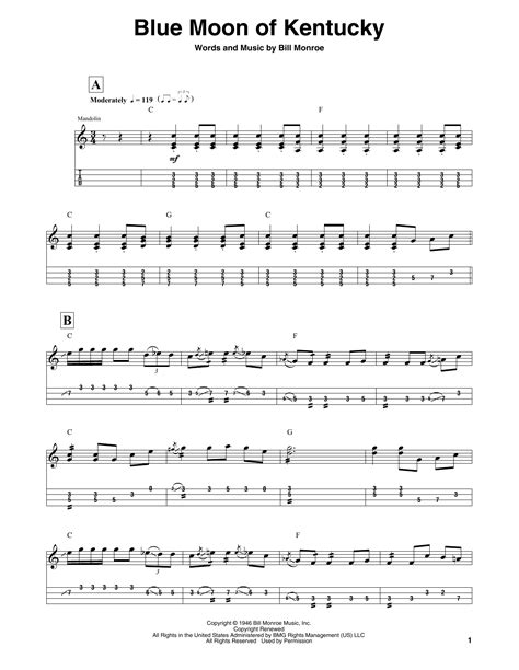 Blue Moon Of Kentucky By Bill Monroe Sheet Music For Mandolin Tab At