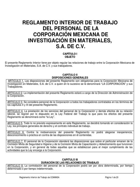 Reglamento Interno De Trabajo Comimsa México Pdf Derecho Laboral Corporaciones