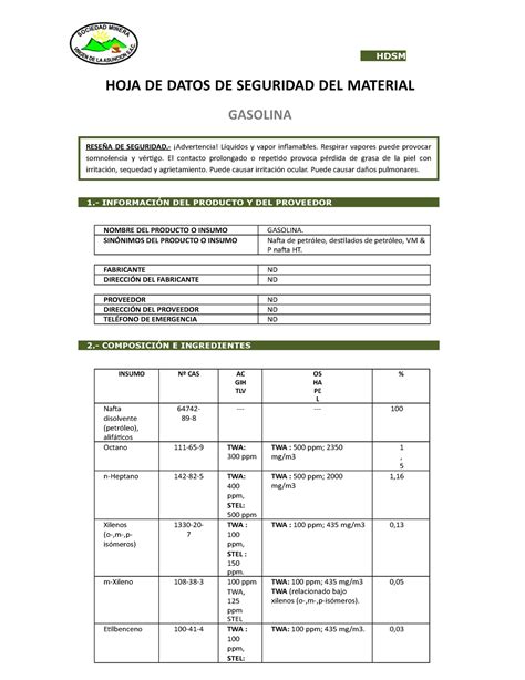 HDSM 183 Gasolina Doc HDSM HDSM HOJA DE DATOS DE SEGURIDAD DEL