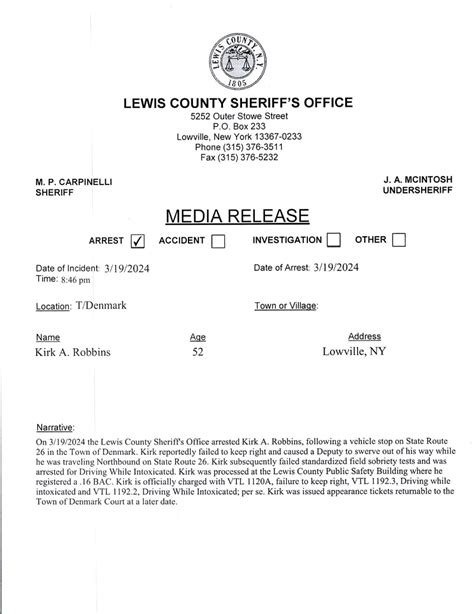 Lcso Lowville Resident Arrested On Dwi Charge In Town Of Denmark