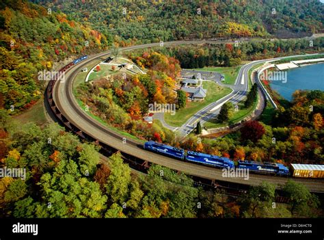 Aerial view of the Horseshoe Curve with colorful autumn foliage ...