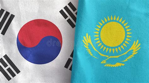 Kazakhstan And South Korea Two Flags Textile Cloth 3D Rendering Stock