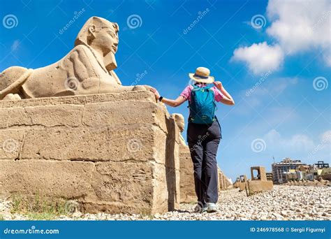 Woman Tourist At Sphinx Allee In Luxor Stock Photo Image Of Karnak