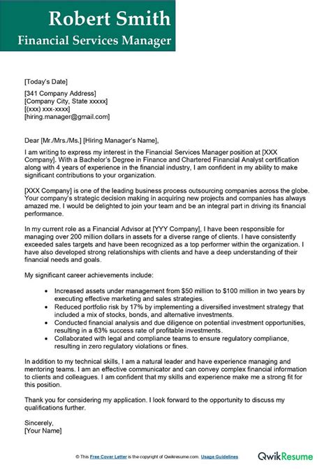 Financial Services Manager Cover Letter Examples Qwikresume