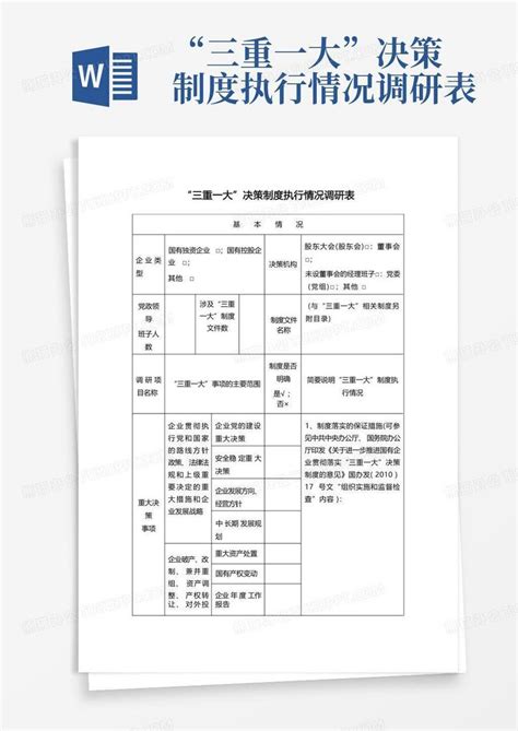 “三重一大”决策制度执行情况调研表 Word模板下载编号lejgeeyr熊猫办公