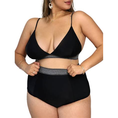 Kvinnor med hög midja Strappy Bikini Set Badkläder Baddräkt Oversized Svart XL Svart XL