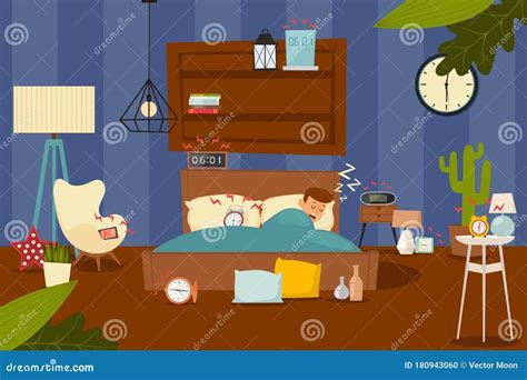 Alarm Clocks Vector Illustration Awakening From Sleep Character Man