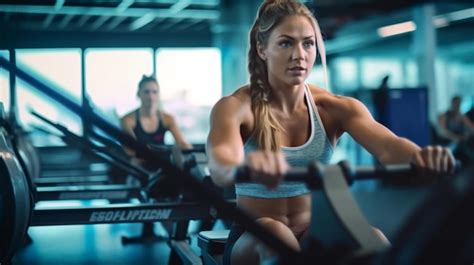 Premium Photo Female Rowers Powering Through Rowing Machine Workouts