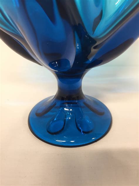 Blue Glass Compote Pedestal Bowl With Ruffled Edge Etsy