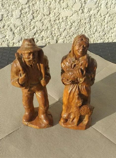 COUPLE DEUX Santons En Bois Sculptés Le Bûcheron La Bergère Et Ses