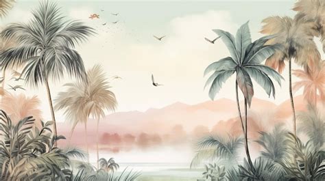 Premium Photo | Tropical Exotic Landscape Wallpaper Hand Drawn Design Luxury Wall Mural