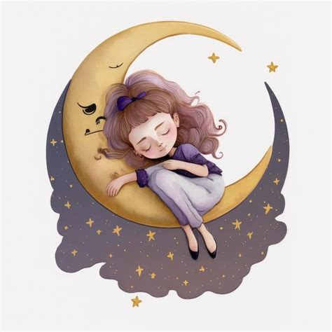 Chica De Dibujos Animados Durmiendo En La Luna Foto Premium