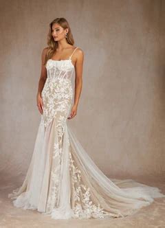 Azazie Bae Diamond White Nude Mermaid Sequins Tulle Dress Azazie