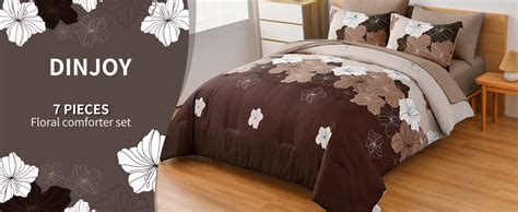 Dinjoy Brown Floral King Size Bed In A Bag Pieces Taupe Comforter Set