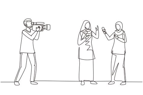 Single One Line Drawing Arab Woman Journalist With Microphone