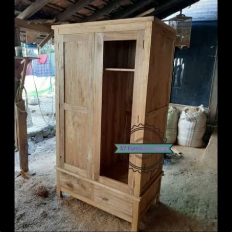 Jual Lemari 2 Pintu Untuk Pakaian Baju Model Simpel Kayu Jati Mentahan